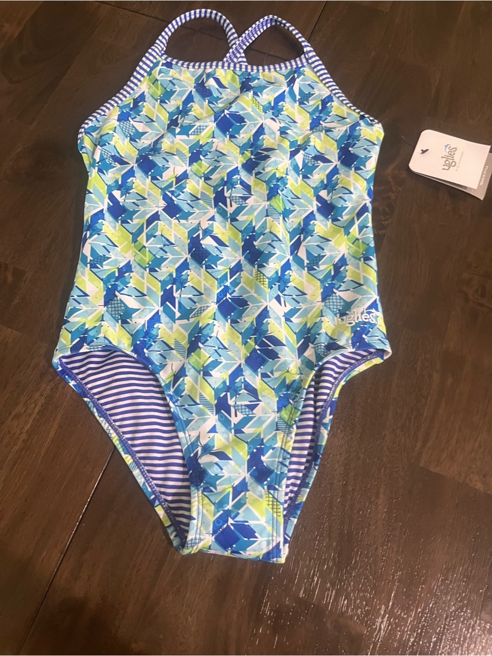 Uglies Dolphin Swimwear Blue & Green Geometric Girls' One-Piece Swimsuit 16 NWT